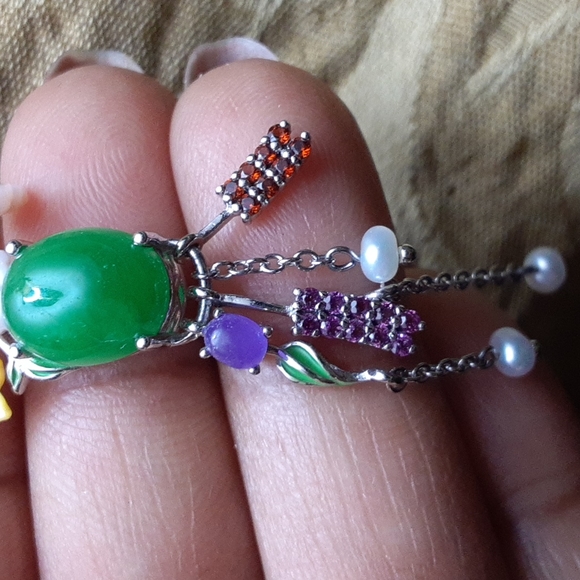 925 Genuine Green and Purple Jade, Garnets, Amethysts, Pearls and enamel. - Picture 11 of 11
